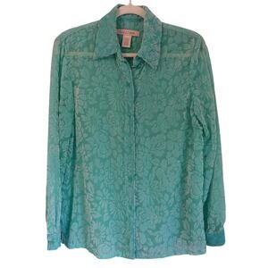 Vintage 90s Burnout Velvet Floral Button Down Blouse Teal Seafoam Green Small